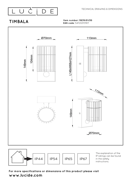 Lucide TIMBALA - Wandspot / Wandlamp Binnen/Buiten - 1xGU10 - IP44 - Beweging & dag/nacht sensor - Zwart | Essential - technisch